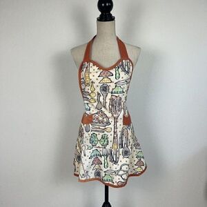 Retro Women Orange & Cream Apron Kitchen Garden Pocket Adjustable Cotton Pinup